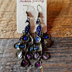 Antique Brass Jewel Tone Peacock Fashion Pierced Earrings